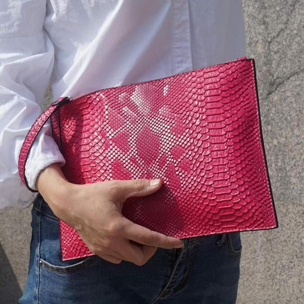 Snake Skin PU Leather Large Clutch Bag In Pink
